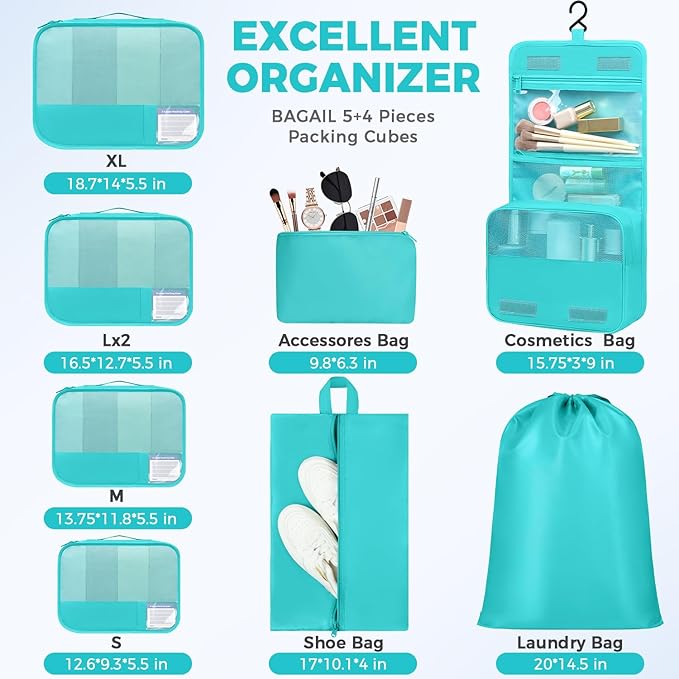 BAGAIL 9 Set Packing Cubes with Packing List Luggage Packing Organizers for Travel Accessories
