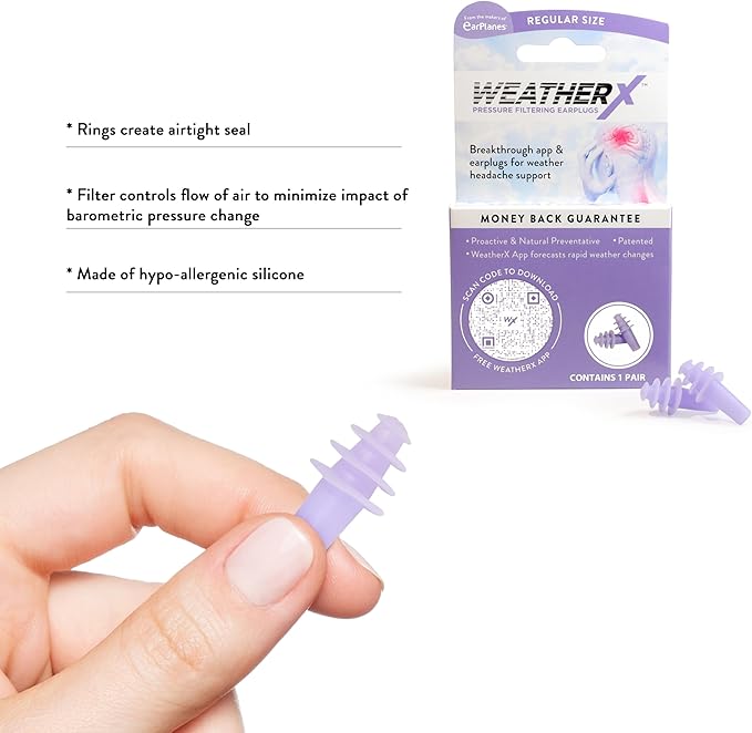 Pressure Filtering Earplug for Shifts in Barometric Weather Pressure, Download Free Alert app (Regular 2 Pk)