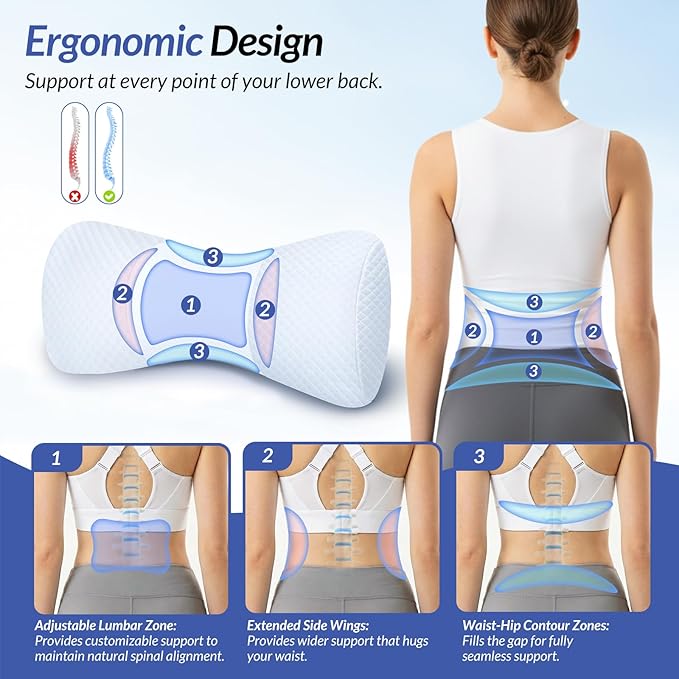 ZIKEE Inflatable Lumbar Support Pillow for Bed with Customized Lower Back Pain Relief & Support, Memory Foam Back Support for Side & Back Sleeping, Bed Pillow for Driving, Resting, Breathable Cover