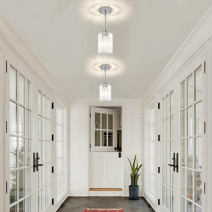 Chrome Pendant Lights Over Island Modern Crystal Kitchen Lighting Fixtures | 1 Pack Adjustable Entryway Ceiling Lights, Hanging Pendant Light for Dining Room Bathroom Hallway Above Sink