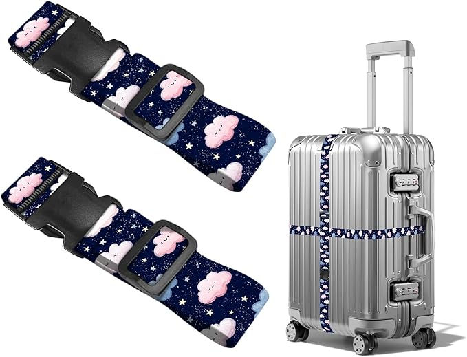 Nuxovilar Luggage Straps of 2 Set Cartoon Clouds Stars Pattern, 1.96x90.5 inches - Luggage Straps for Suitcases, Great for Night Trips, Family Travel, Daily Use