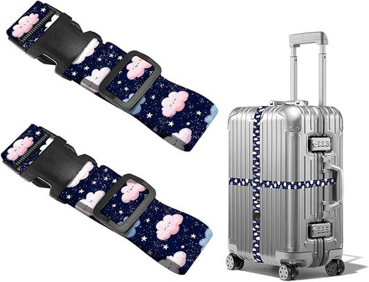Nuxovilar Luggage Straps of 2 Set Cartoon Clouds Stars Pattern, 1.96x90.5 inches - Luggage Straps for Suitcases, Great for Night Trips, Family Travel, Daily Use