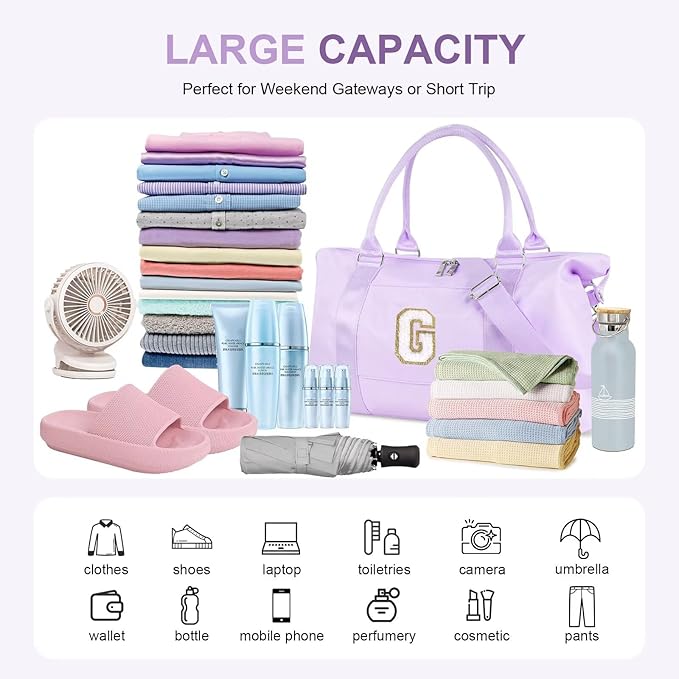 Dance Gym Duffel Bag for Teen Girls, Personalized Initial Travel Weekender Bag,Cute Overnight Carry On Duffle for Women,Sports Travel Cheer Bag,Monogram Christmas Gifts for Tween Preppy(purple-G)