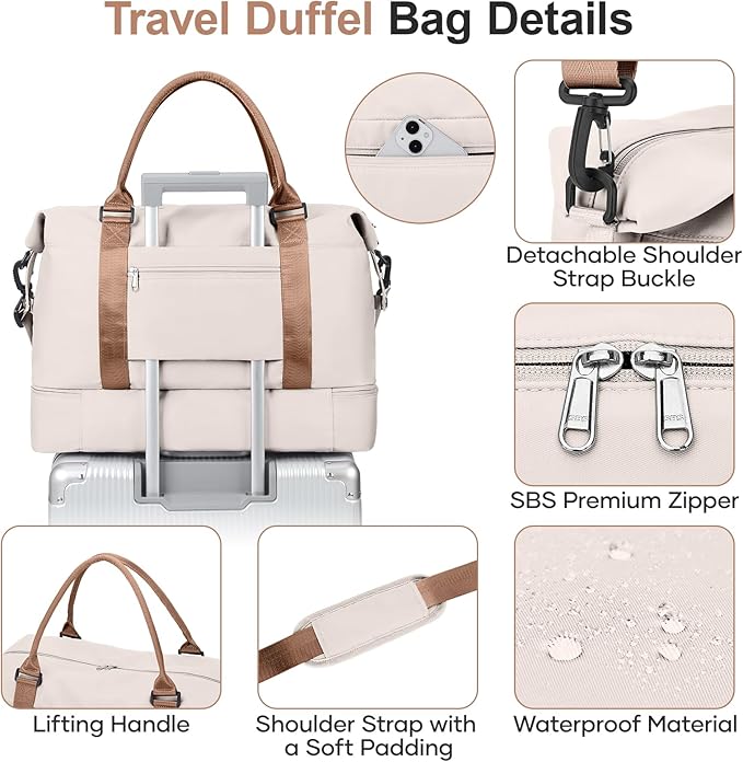 Overnight Weekender Bags for Women,Vacuum Travel Duffel Bag with Air Pump, Personal Item Travel Bag with Shoes Compartment & Compression Pocket,Beige & Brown