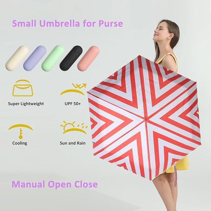 BAODINI Travel Essentials Mini Umbrella for Purse With Case Small Compact UV Sun Protection Lightweight Tiny Pocket Manual Open Close Umbrella for Women Kids and Men Fits Purse Backpack