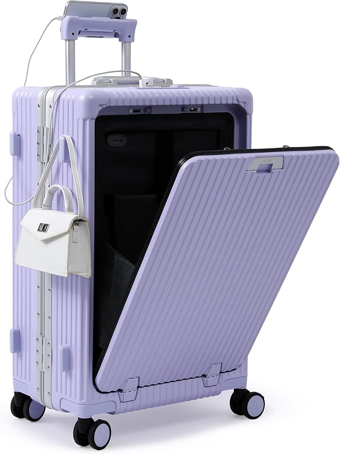 Nobl Travel Zipperless Check In Suitcase - Aluminum Frame, Medium Check In luggage 27x17.5x10.4 Airline Approved by Noble Travel - Polycarbonate Shell - TSA Locks, 360° Spinner Wheels - Lavender