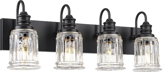 HWH 4-Light Bathroom Vanity Light, Wall Light Sconces for Bathroom, Dressing Table, Black Bathroom Mirror Wall Light with Bell-Shaped Clear Glass, Matte Black Finish, 5HZG106B-4W BK