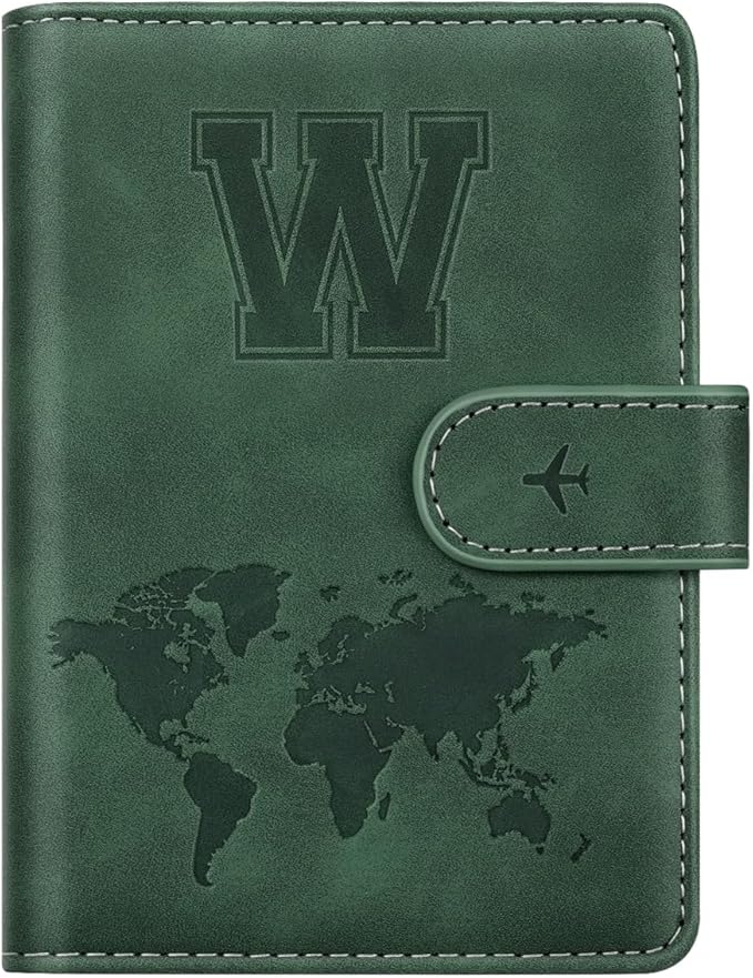 Personalized W Passport Holder Cover Initial Letter Travel Wallet RFID Blocking Passport Cover Credit Card Holder Case Passport Book Holders for Women and Men, Pine Green-W