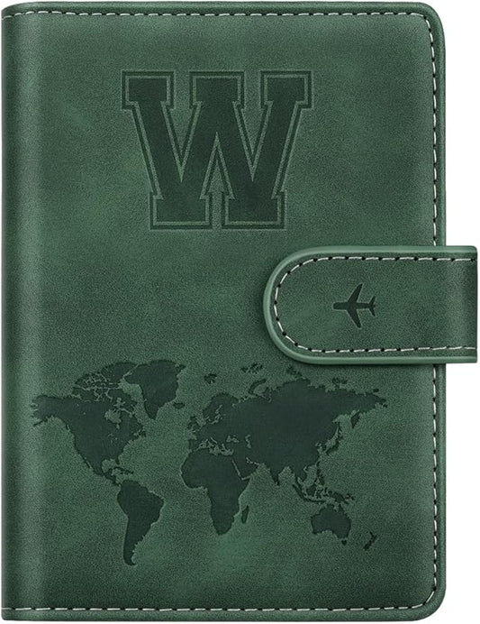 Personalized W Passport Holder Cover Initial Letter Travel Wallet RFID Blocking Passport Cover Credit Card Holder Case Passport Book Holders for Women and Men, Pine Green-W