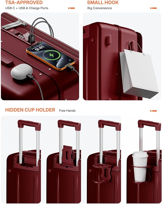 20IN Carry On Luggage,Top Opening Aluminum Frame Hardside 100% PC Airline Approved Suitcase -with TSA Lock,Cup Holder,USB Charge,Side Pothook, 360°Spinner Wheels-Wine Red
