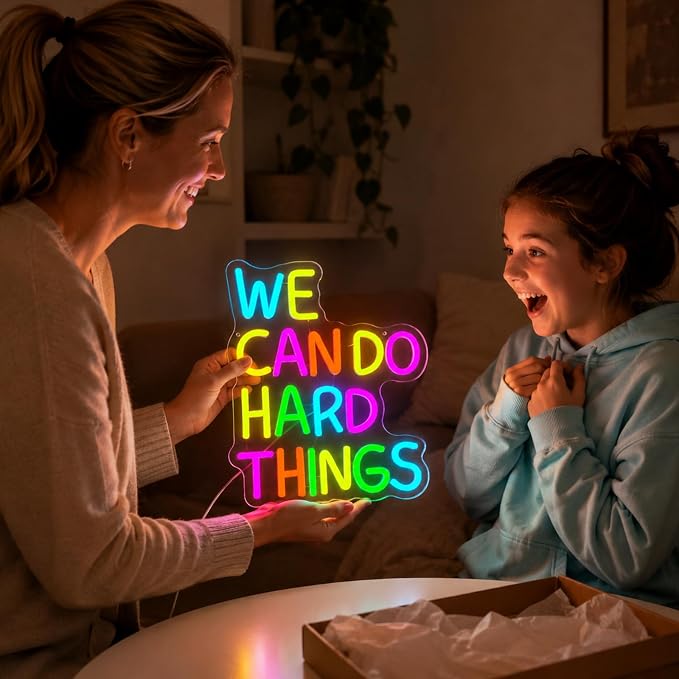 We Can Do Hard Things Neon Sign LED Motivational Light for Classroom Decor | Dimmable Positive Quote Neon Lights for Classroom, Gym, Kids Room, Library, Office, School Decor, Party Backdrop, USB powered