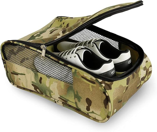 Golf Shoe Bag, Outdoor Zipper Sports Shoe Strap Bag with Air Mesh Ventilation, Durable Waterproof Golf Shoe Carry Bags with Sturdy Handle for Gym, Soccer, Running & Suitcase Packing(Green Camouflage)