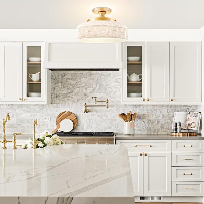 Lamomo Semi Flush Mount Ceiling Light,12 Inch White Glass Shade Gold Hallway Light Fixture,3 Light Globe Glass Close to Ceiling Scone,Indoor Hanging Light for Bedroom Kitchen Porch Hallway