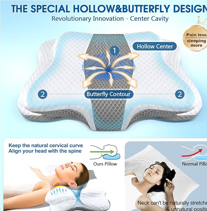 Memory Foam Pillows, Cervical Pillow for Neck and Shoulder Pain Relief, Ergonomic Contour Bed Pillow, Soft for Side Sleep Stomach Sleeping and Back Sleeper-Queen Size&Grey