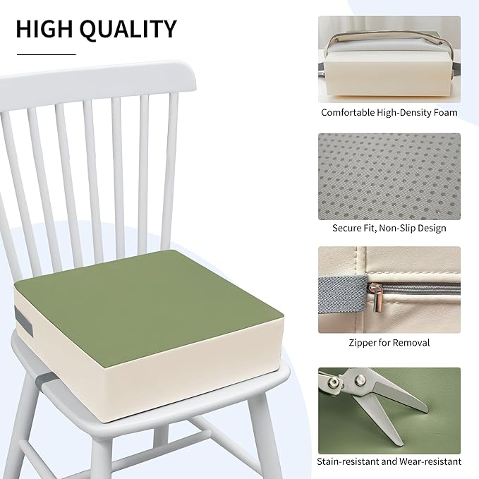 Toddler Booster Seat Dining Table Kitchen Chair, Waterproof Anti-Scratch PU Cushion, Non-Slip Bottom, Adjustable Buckle Straps, Easy Clean Portable Seat Cushion (Green)