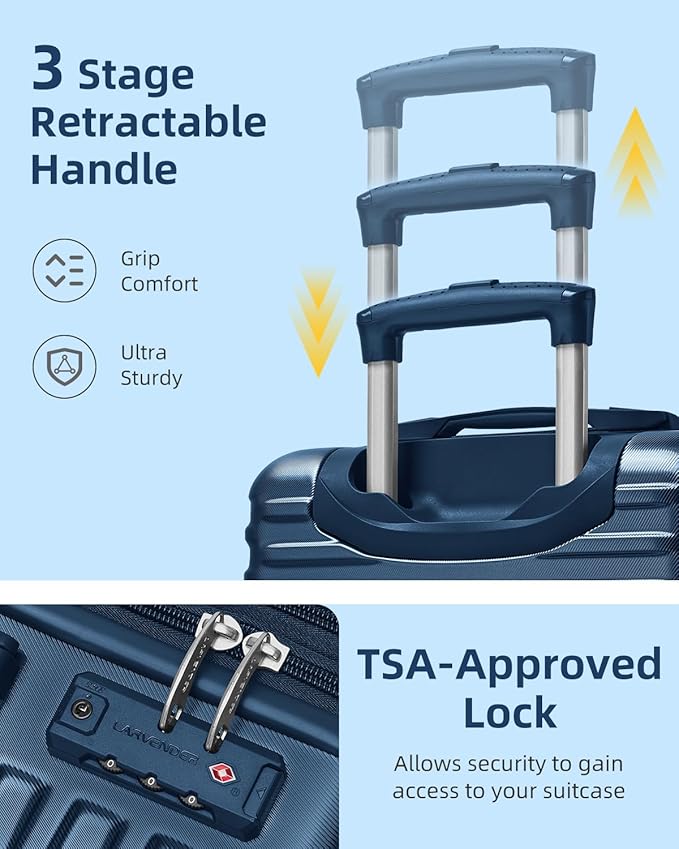 LARVENDER Carry on Luggage 22x14x9 Airline Approved, 20 Inch Expandable Hardside Suitcase with Wheels TSA Lock, PC+ABS Lightweight Carry on Suitcases for Women and Men, Dark Blue