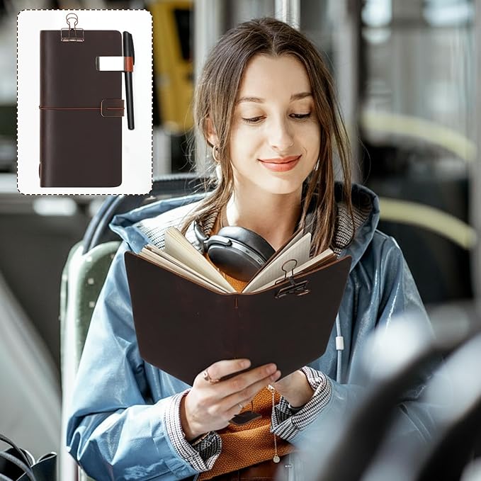 Thenshop Travelers Refillable Leather Journal Notebook Travel Diary Handmade Passport Travelers Journal for Men and Women with 3 Notebook Inserts, Pen Holder, Binder Clip(Dark Brown,Stand Size)
