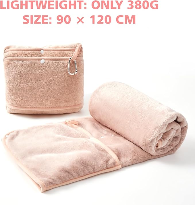 Travel Blanket with Carry Bag, Lightweight Wearable Airplane Blanket, Soft Packable Throw for Travel & Office Blush Pink