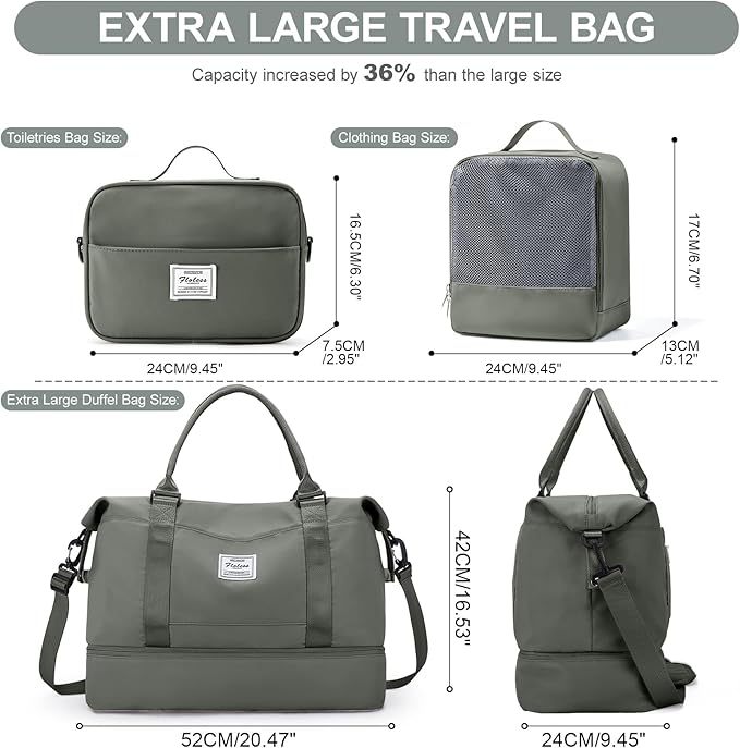 Weekender Bags for Women,Travel Duffle Overnight Bag with Shoe Compartment,Personal Item Carry On Bag,Olive Green Extra Large,3 Pcs Set