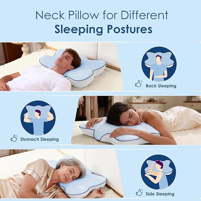 Cervical Pillow for Neck and Shoulder, Ergonomic Side Sleeper Pillow for Pain Relief, Cooling Memory Foam Pillows for Sleeping, Contour Pillow Orthopedic Bed Pillow for Back Stomach Sleepers (Blue)