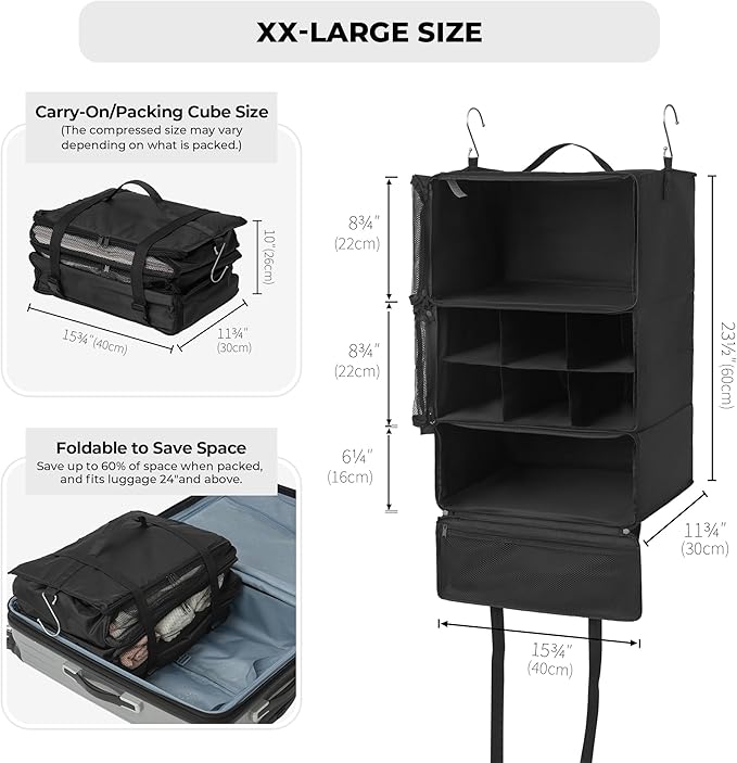 GRANNY SAYS Hanging Packing Cubes for Travel, Large Portable Hanging Suitcase Organizer, Foldable Compression Luggage Organizer Bags for Clothes, Carry on Closet Suitcase, XXL-Black Travel Shelves