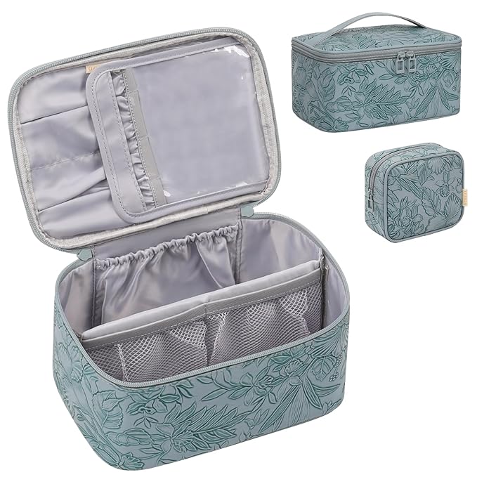 OCHEAL Makeup Bag Set, Portable Travel Makeup Bags Cosmetic Organizer Bag for Women Cute Floral Cosmetic Pouch Large Capacity Make up Bag PU Leather Toiletry Bags with Divider and Handle-Blue