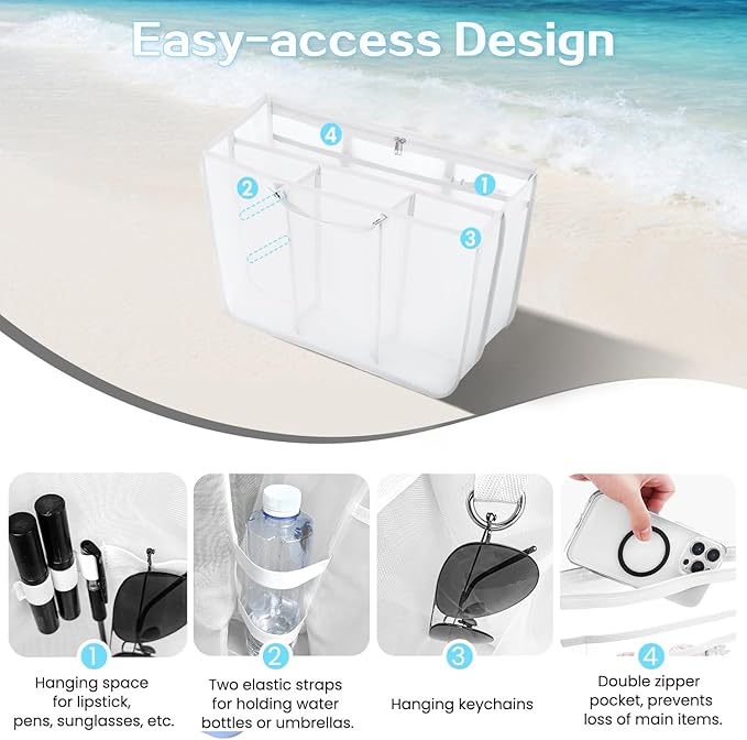 XYFuuee Beach Bag Organizer Inserts for Large Simple Modern Bag Accessories, with 8 Removable Metal Fasteners, Lightweight Mesh Insert Divider Pouch, Organizing Rubber Tote, Save Space, White