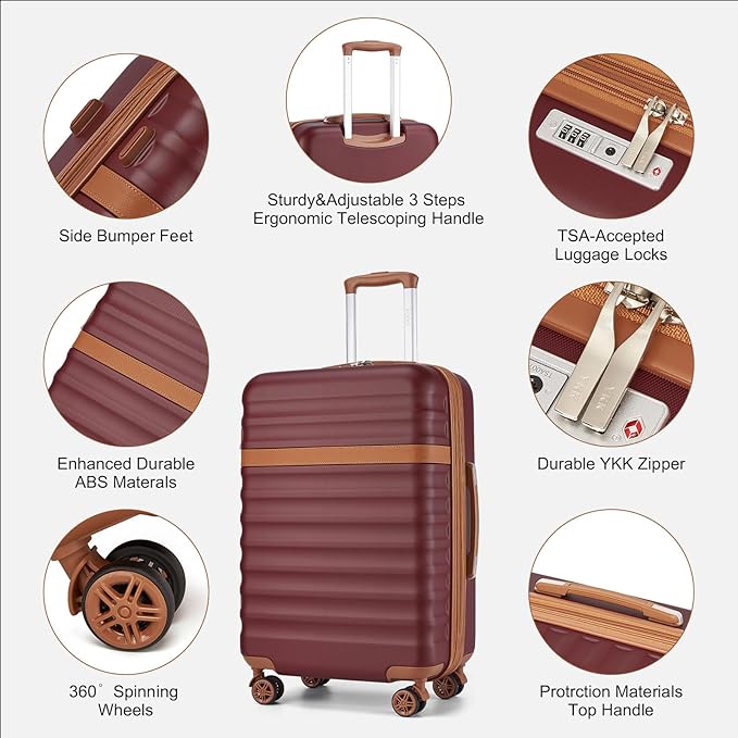 Kono Airline Approved Carry On Luggage 22x14x9 inches, with TSA Lock, 20 Inch Expandable Lightweight Hardshell Suitcase (Burgundy, Suitable for 1-3 Days of Travel)