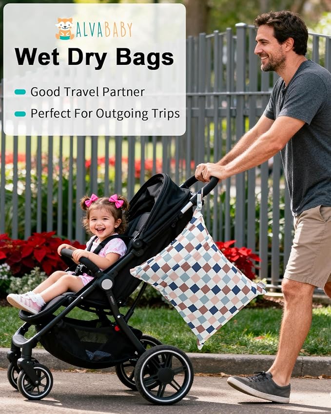 ALVABABY 3 pcs Cloth Diaper Wet Dry Bags Waterproof Reusable with Two Zippered Pockets Travel Beach Pool Daycare Soiled Baby Items Yoga Gym Bag for Swimsuits or Wet Clothes Small Medium Large 3L-SML13