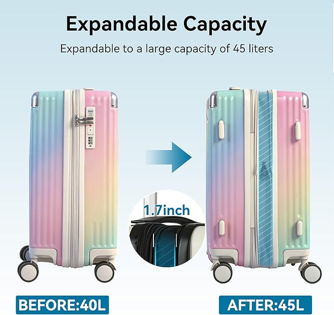 20 Inch Carry On Luggage with Spinner Wheels,PC Expandable Hard Shell Suitcase with USB Port,Lightweight Travel Luggage Airline Approved for Men Women (Colorful)