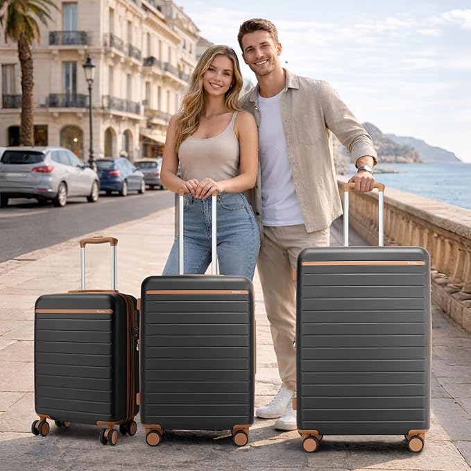Kono 24 Inch Check In Suitcase Expandable Luggage, Business Travel Suitcase for 5-7 Days, Durable ABS+PC Hardshell with Side Handles & Kick Plates, Double Spinner Silent Wheels, Black/Brown