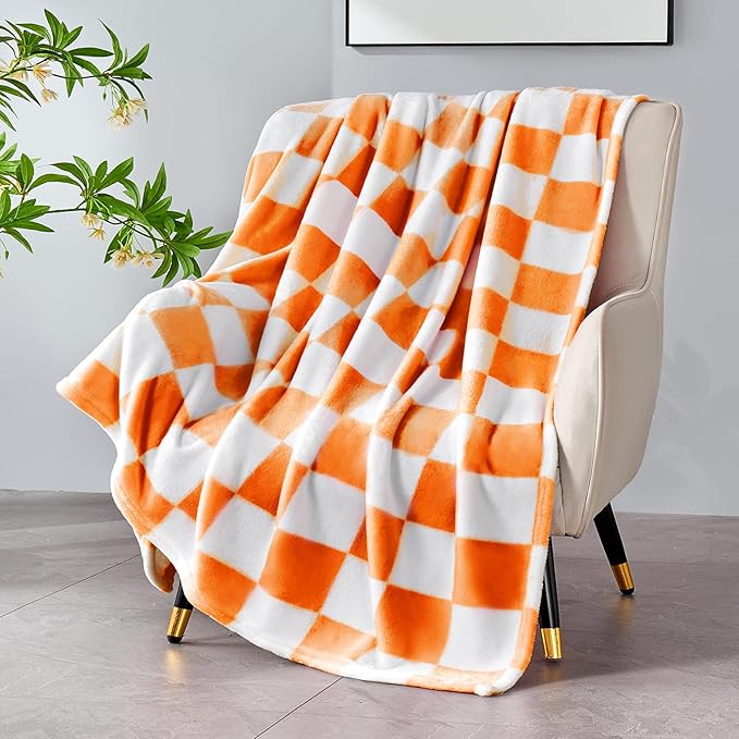 Orange Checkered Blanket, Soft Cozy Fleece Checkered Throw Blankets for Bed Sofa Couch Camping, Ultra Fluffy Throws for All Seasons, 60x80 Inch, Orange