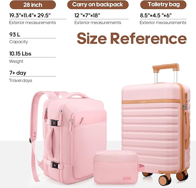 UKEIN Luggage Sets 3 Piece, PC Hardside Checked Luggage 28 Inch With Spinner Wheels with TSA Lock, Large Suitcase Set With Travel Backpack for Men (Pink, 3 piece set (28inch))