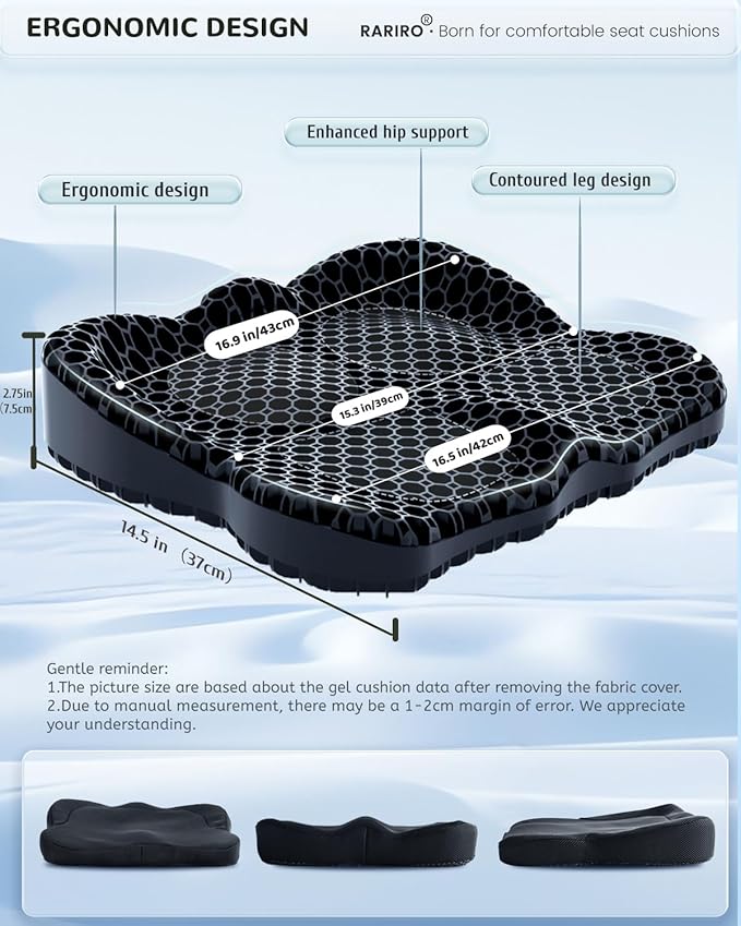 Thickened Gel Seat Cushion, Egg Gel Chair Pads for Wheelchair Pressure Coccyx Sciatica Pain Relief, Cooling Desk Seat Cushion for Kayak, Car, Office Chair Long Sitting[Black-2.75"]