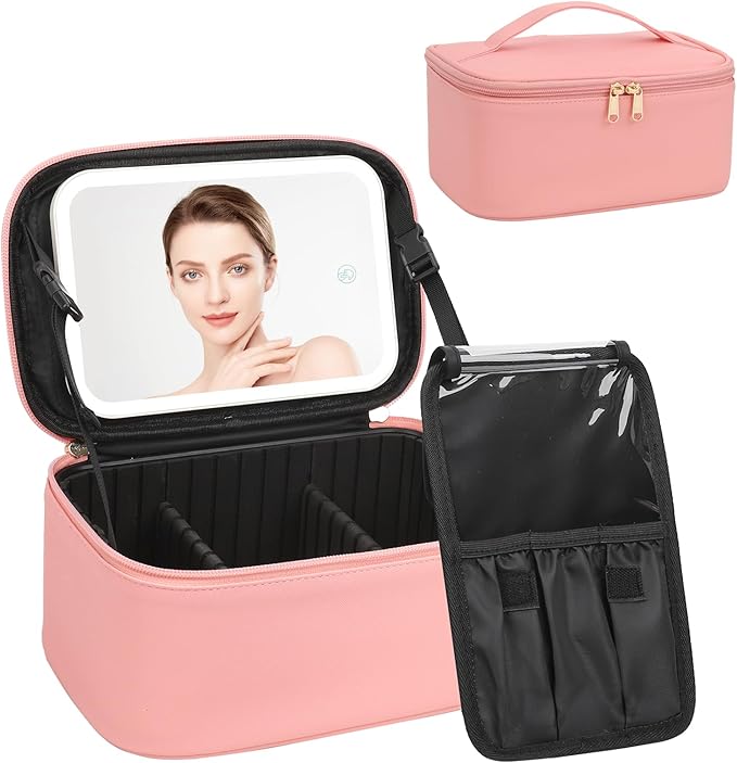 Makeup Bag With LED Mirror, Travel Makeup Bag With 3 Color Setting Light Up Mirror Cosmetic Makeup Organizer Vanity Case for Women Beauty Tools Accessories Rechargeable Makeup Travel Bag - Pink