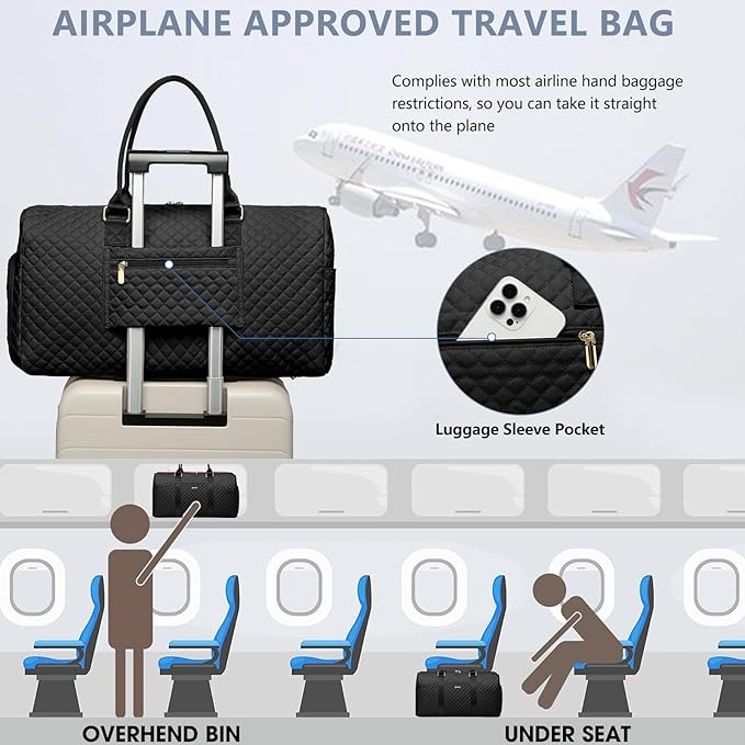 Women Weekender Travel Duffle Bag: Travel Duffel Overnight Bags with Shoe Compartment Large Carry on Tote with Toiletry Bag Weekend Traveling Yoga Gym Hospital Bag for Women with Wet Pocket Black