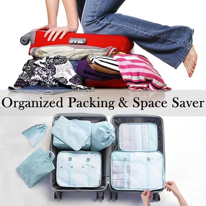 8 Pieces Mesh Packing Cubes for Travel, Luggage Packing Organizers Bags Set, Travel Essentials Suitcases Accessories with Laundry Bag, Storage Shoe Bag, Clothing Underwear Bag (Blue, 8 set)