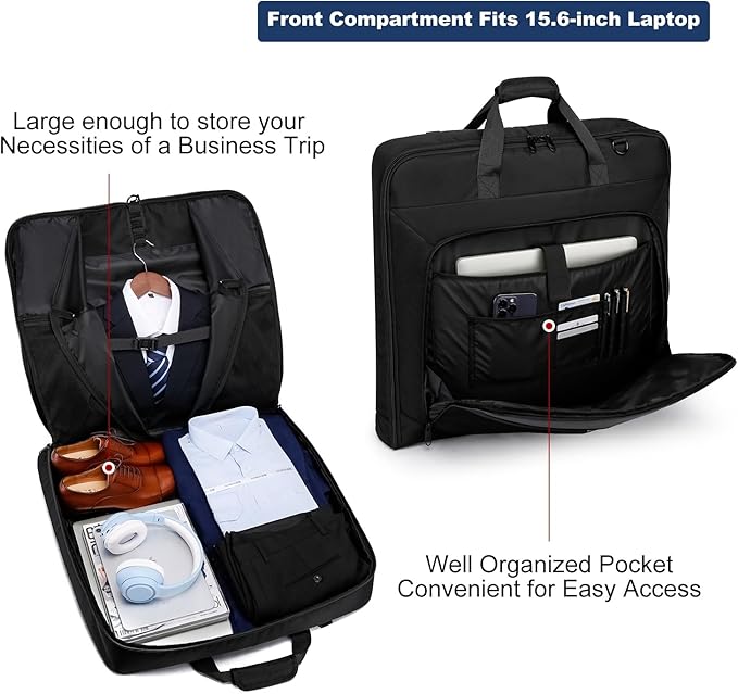 Garment Bag Travel Suit Bag Large 40-Inch Carry on Bag Up to 3 Suits,2 in 1 Hanging Luggage Bags, Fits 15.6Inch Laptop