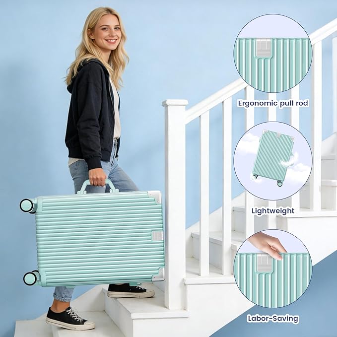 20 Inch Carry On Suitcase, Aluminum Frame Zipperless Hard Shell Luggage with Spinner Wheels, TSA Lock, USB Charging Port, Phone Holder, Cup Holder for Business Travel and Trips, Mint Green