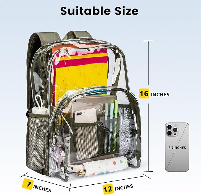 Vorspack Clear Backpack Heavy Duty PVC Transparent Backpack with Reinforced Strap Stitches & Large Capacity for College Workplace Security - Green
