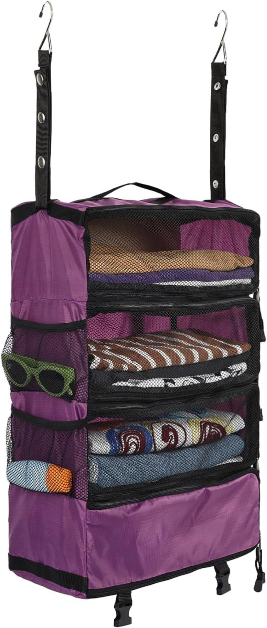 Surblue Travel Hanging Luggage Organizer Portable Suitcase Closet Organizer Multiple Compartments Collapsible Compression Packing Cubes Shelf, Purple, M