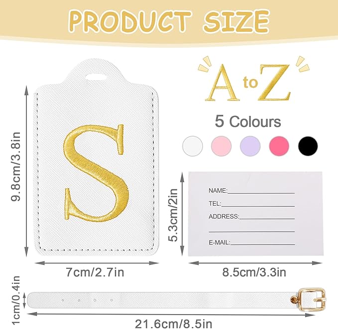 Personalized Initial Luggage Tags for Suitcases, Cute PU Leather Embroidered Letter Travel Luggage Tags, Suitcase Identifier Name Baggage Tag, Bag Tags for Men Women Kids Luggage Handbags(White S)