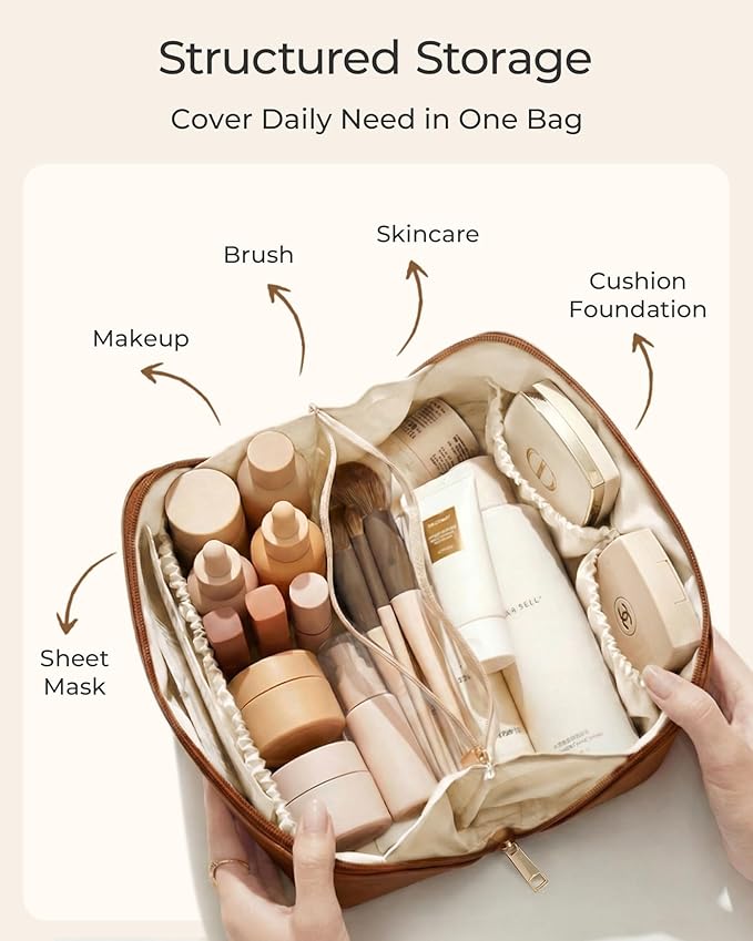 BAGSMART Makeup Bag Travel Cosmetic Bag, Large Make Up Bag Flat Open Toiletry Bag for Women, Waterproof PU Leather Travel Essentials Organizer Case, Wide-open Pouch Purse for Skincare, Brushes, Black