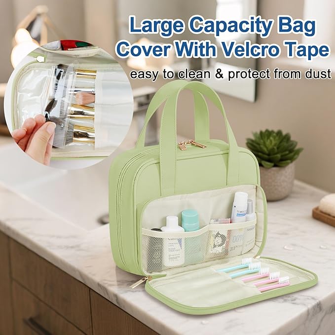 Travel Toiletry Bag, Water-resistant PU Leather Makeup Bag with Multiple Compartments, Large Capacity Makeup Organizer Bag with Handle for Accessories, Essentials, Toiletries, Green