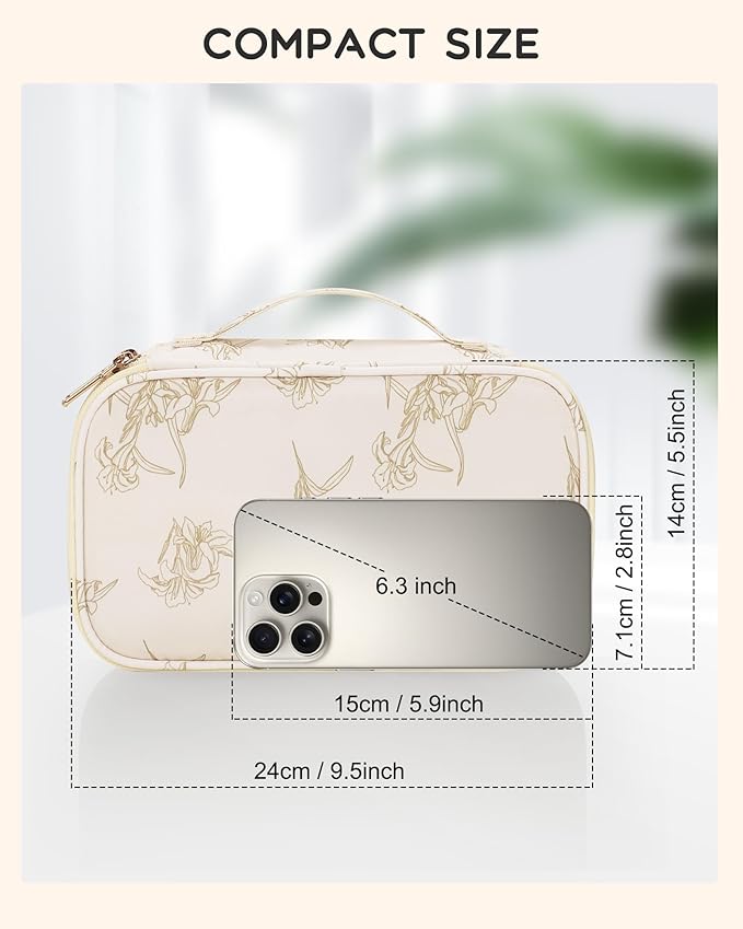 Relavel Travel Makeup Bag, Small Floral Cosmetic Bag with Makeup Brush Compartment, Portable Makeup Pouch for Women, Double Layer Cute Toiletry Organizer Bag, Lily Floral