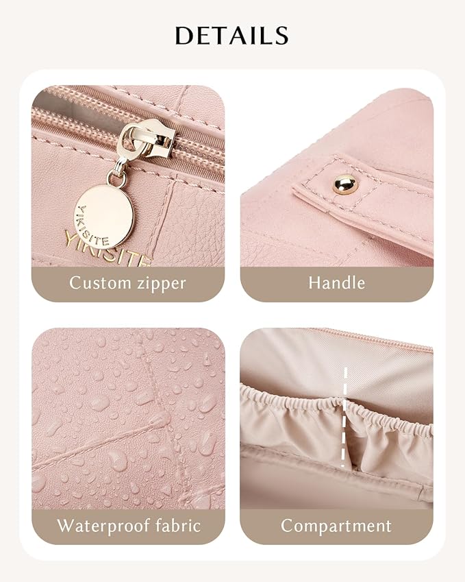 Makeup Bag, Cosmetic Bags toiletry bag for Women, Waterproof PU Leather Make Up Pouch Organizer Travel Essentials Organizer with Divider For (Pink)