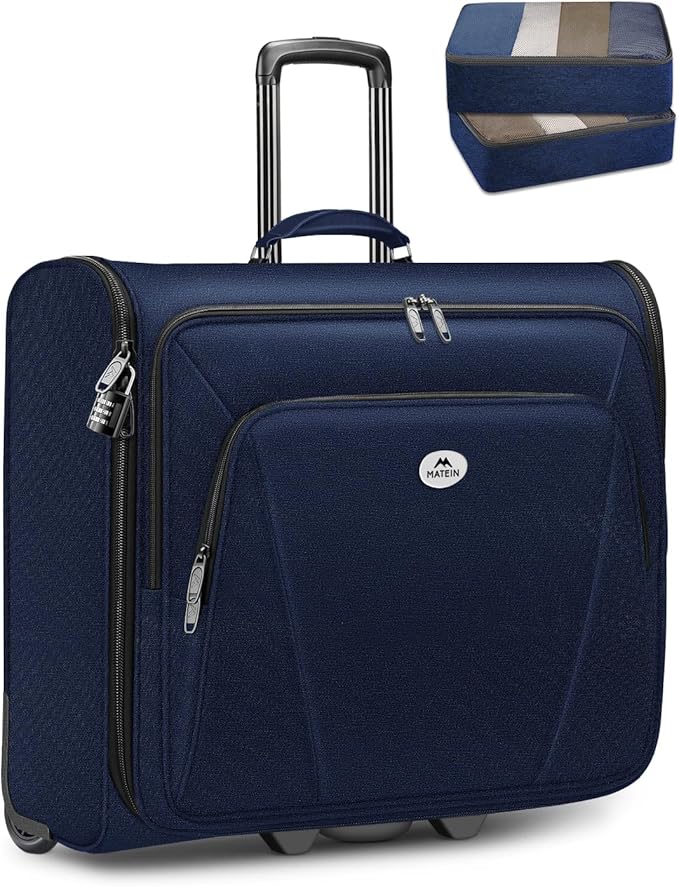 MATEIN Rolling Garment Bags for Travel, Large 2-Wheeled Suit Carrier Fits 17.3Inch Laptop, Foldable Travel Suit Bag With Wheels & 2 Packing Cubes, Check-in Suitcase Luggage for Business Trips, Blue