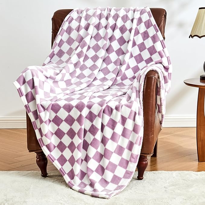 Checkered Blanket Flannel Throw Blankets Soft Cozy Checkered Grid Print Chessboard Gingham Pattern Throws for Bed Sofa Couch for All Seasons, 50x60 Inch, Purple