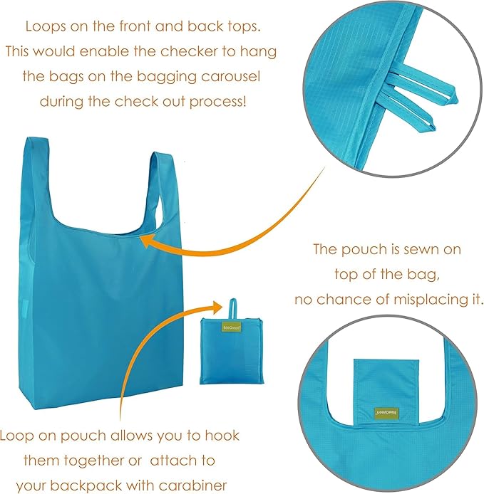BeeGreen Light Blue Reusable Shopping Bags Wholesale Blue Reusable Grocery Bags Bulk Foldable-Machine Washable with Zipper Storage Pouch 20 Pieces