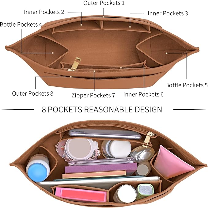 LOUKAYCCI Purse Organizer Insert for Longchamp Le Pliage M Handbag Insert Felt Long Champ Tote Bag Organizer Insert with Cup (EarthColor, Medium)